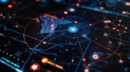 Futuristic holographic interface displaying a map with glowing markers and data points