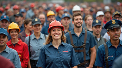 Labor Day concept. Workers crowd happily celebrating Labor Day. Woman in the centre