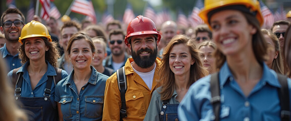 Labor Day concept. Workers crowd celebrating USA Labor Day Ultra Wide format 12:5 UW8K