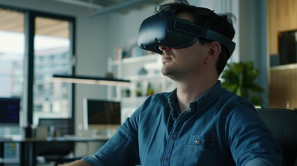 Software developer experiencing vr headset in a modern office