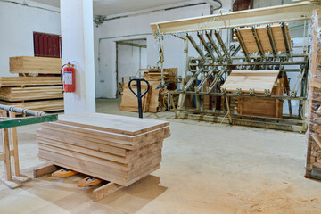 Interior of Wood Processing Industry Featuring CNC Cutting Machines and Wood Processing Equipment