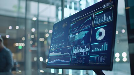 Modern computer screen showing graphs and charts with businessman walking by