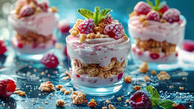 Raspberry dessert with yogurt and granola in glass on blue background