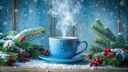 Frosted winter morning scene featuring a steaming blue coffee cup adorned with snowflakes and holly, surrounded by evergreen branches and soft, glowing candlelight.