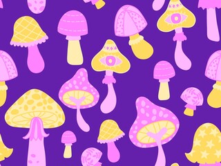 Cartoon autumn harvest seamless Halloween mushrooms pattern