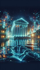 Futuristic bank logo with holographic elements and digital technology symbols, symbolizing the integration of advanced financial services in an online environment
