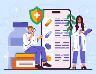 Online pharmacy concept. Man and woman in medical uniform near smartphone screen. Doctors sells pills and drugs. Health care and medicine, treatment. Flat vector illustration