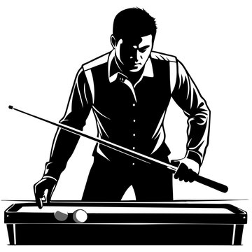 recommend clip art: Focused on Victory: A silhouette of a pool player lining up a shot, his concentration unwavering, ready to sink the next ball. The image evokes intensity and precision in the pursuit of victory. 