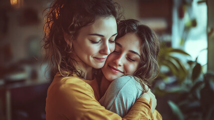 A heartfelt hug between a mother and daughter in their home, capturing a tender moment of support and care, perfect for a Mother s Day message