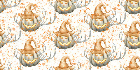 Halloween with orange smiling creepy pumpkins and a cross, antlers and a prickly dry branch. Watercolor seamless pattern. Holiday background for wrapping paper, fabric, textile, scrapbook..
