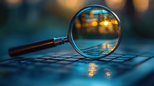 Magnifying glass reflecting warm sunset light on a laptop keyboard. Digital investigation, online research, cybersecurity, focused search, close-up technology, internet browsing