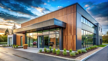 Fototapeta premium Exterior doctor's surgery with industrial and natural elements in bold and muted colors