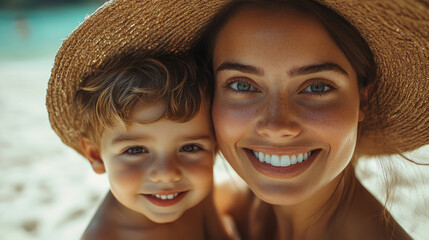 Smiling mother and son wearing straw hats, close-up portrait on a sunny beach day. Family vacation, bonding, summer fun, beach outing, maternal love, outdoor leisure