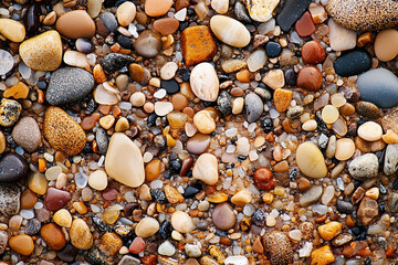 Macro photo of sand grains on a beach, revealing diverse colors and shapes