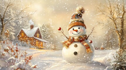 Obraz premium A snowman in a hat and scarf standing next to a house, AI