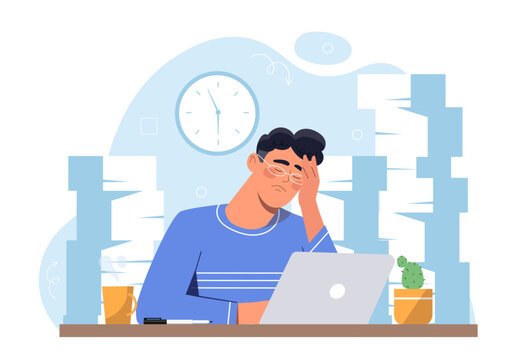 recommend clip art: Overload at work. Tired young guy sitting with laptop near documents. Lot of paperwork for clerk. Emotional burnout. Ineffective work process organization. Flat vector illustration