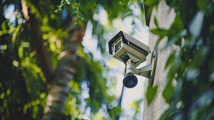 Outdoor security camera mounted on wall monitoring for safety