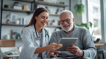 Elderly male patient smiling while discussing with young female doctor holding a tablet in a bright, modern medical office