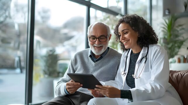 Elderly male patient smiling while discussing with young female doctor holding a tablet in a bright, modern medical office