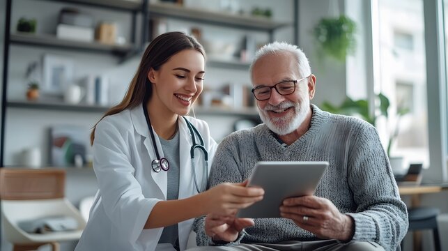Elderly male patient smiling while discussing with young female doctor holding a tablet in a bright, modern medical office