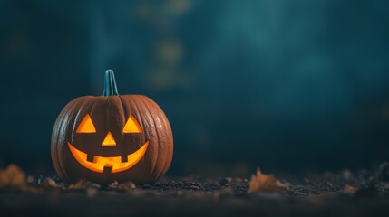 Naklejka premium A cheerful Halloween pumpkin lantern glows in the dark, surrounded by leaves, creating a magical autumn atmosphere.