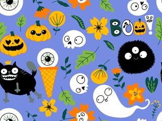 Halloween animals seamless cats and pumpkins pattern for wrapping paper