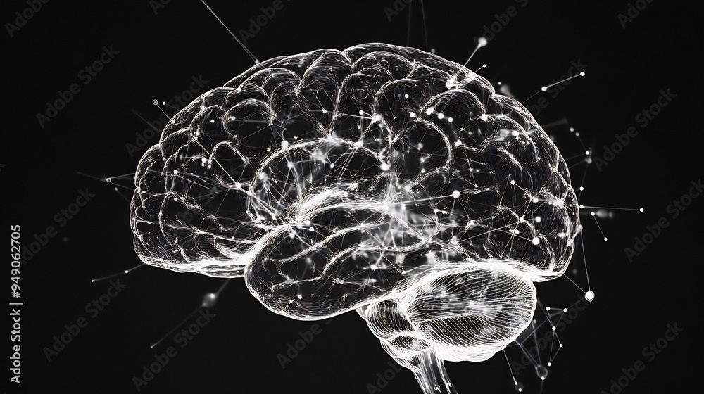 Wall mural monochrome design featuring an abstract representation of the human brain with neural pathways highl