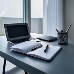 Minimalist Desk- A clean, minimalist desk with just a few items like a sleek notebook