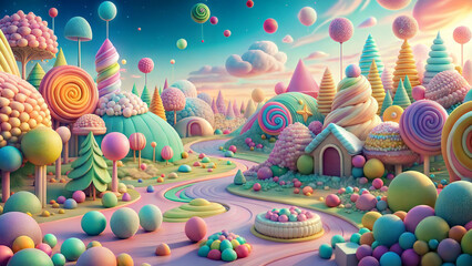 Obraz premium Colorful pastel candy land, candyland, illustration, 3D Render