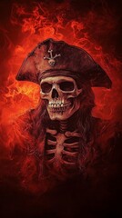 A chilling pirate skeleton portrait set against a fiery red background, embodying the spirit of...