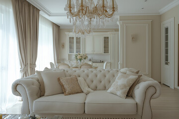 Fototapeta premium Elegant living room with a cream-colored linen sofa, crystal chandelier, and classic, timeless decor