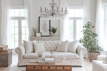 Elegant living room with a cream-colored linen sofa, crystal chandelier, and classic, timeless decor