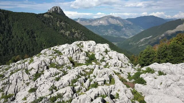 Aerial view of jagged rocks that look like alien rocky mountain landscapes