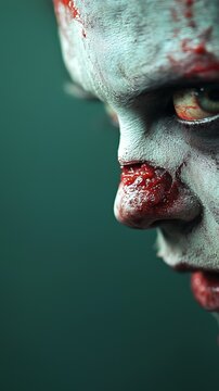 A close-up of a sinister, horror-themed visage featuring dramatic makeup and eerie details, ideal for spooky projects.