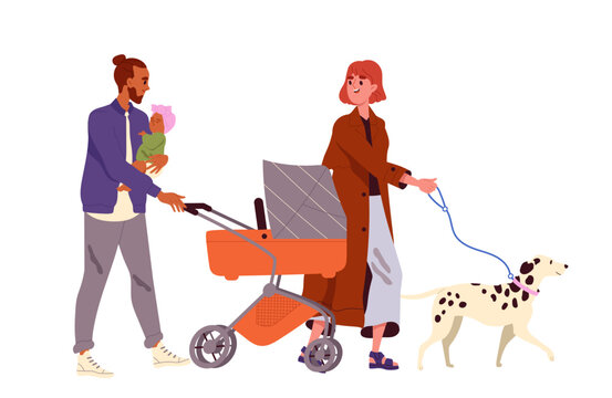 Parents with baby stroller. Man with toddler and woman with dog. Parenthood and childhood. Father care about kid. Poster or banner. Flat vector illustration isolated on white background