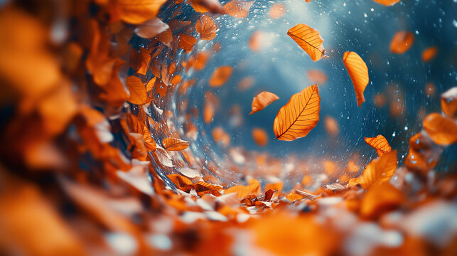 Swirling autumn leaves in vibrant orange hues creating a dynamic tunnel effect with a sense of motion and depth