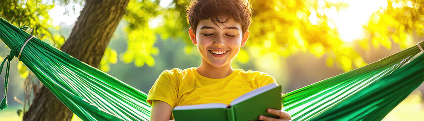 A joyful boy reading a book in a hammock under the sunlight, surrounded by trees, enjoying a peaceful moment in nature.