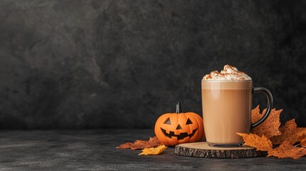 A cozy autumn scene featuring a pumpkin spice latte, pumpkin, and colorful leaves, perfect for celebrating Halloween.