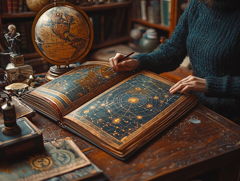 An intimate astrology consultation with detailed natal charts, zodiac symbols, and celestial-themed decor, perfect for astrology-related content