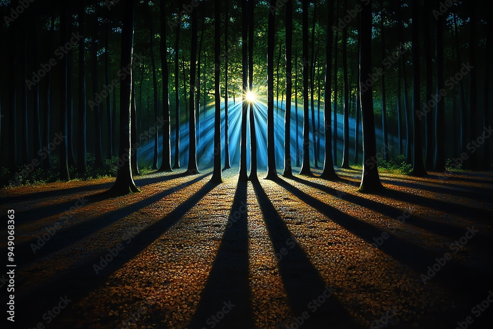 Aufkleber hunting forest at dawn, illustrated with the first light of day casting long shadows through the tre