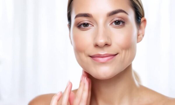 sch&ouml;ne Frau mit glatter Haut ber&uuml;hrt sanft ihr Gesicht