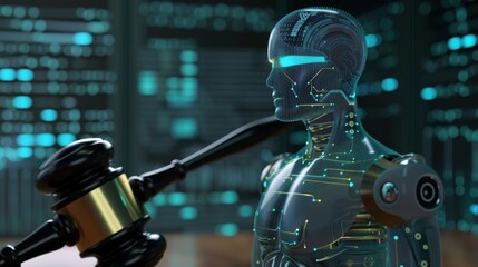 Obraz premium Ai artificial intelligence is impartially judging legal case with gavel