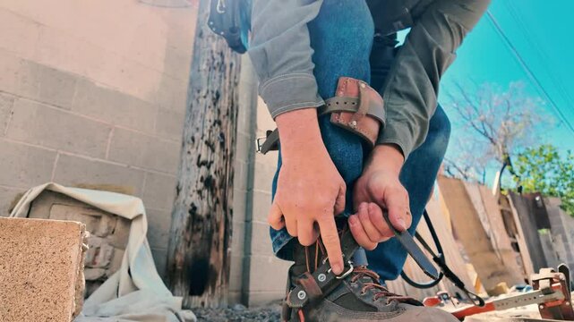 Lineman strapping on his boot spike attachments