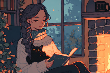 Girl reading a book by the fireplace with hot cocoa and a cat on her lap. Anime style, Cozy vibes