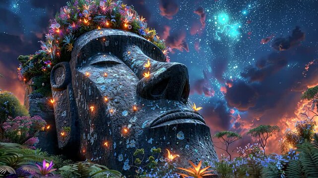 Giant stone face with glowing flora under night sky, fantasy landscape. Mystical and serene concept.