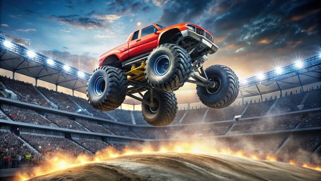 Monster truck performing stunts in a stadium, monster truck, extreme sports, adrenaline, danger, excitement, entertainment
