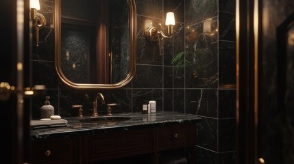 A bathroom with a gold framed mirror and a black marble counter