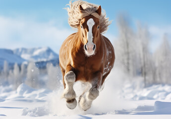 Horse galloping gracefully in the snow. Winter time