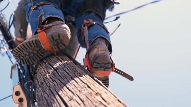 Lineman with boot spike attachments climbing pole