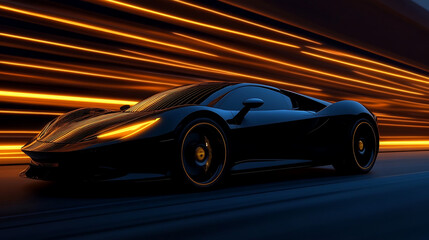 Fototapeta premium A sleek black sports car races through a tunnel of glowing lights. The car's speed creates a blur of color and motion.